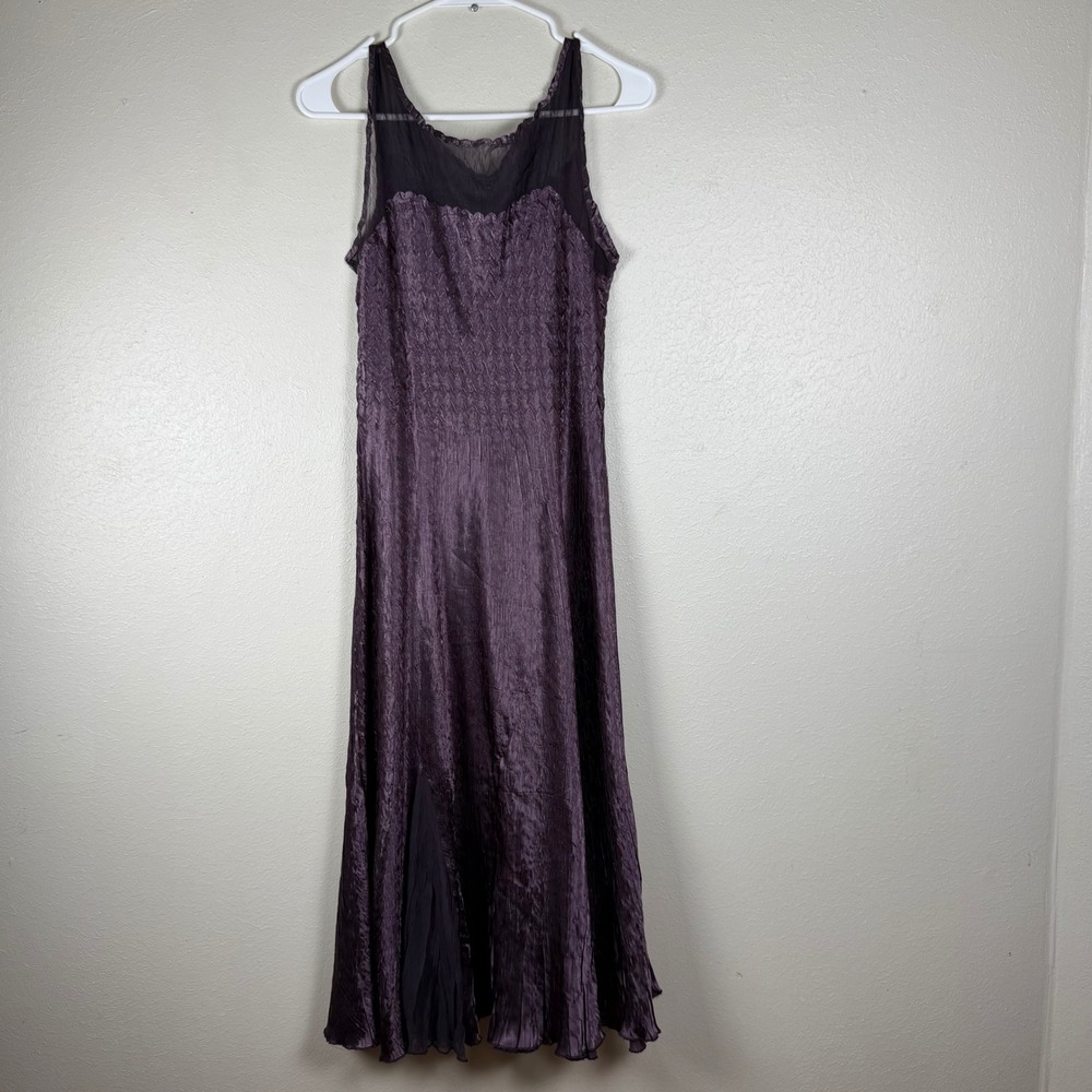 Komarov‎ Purple Crinkle Pleated Mesh Yoke Sleeveless Midi Dress Womens Medium